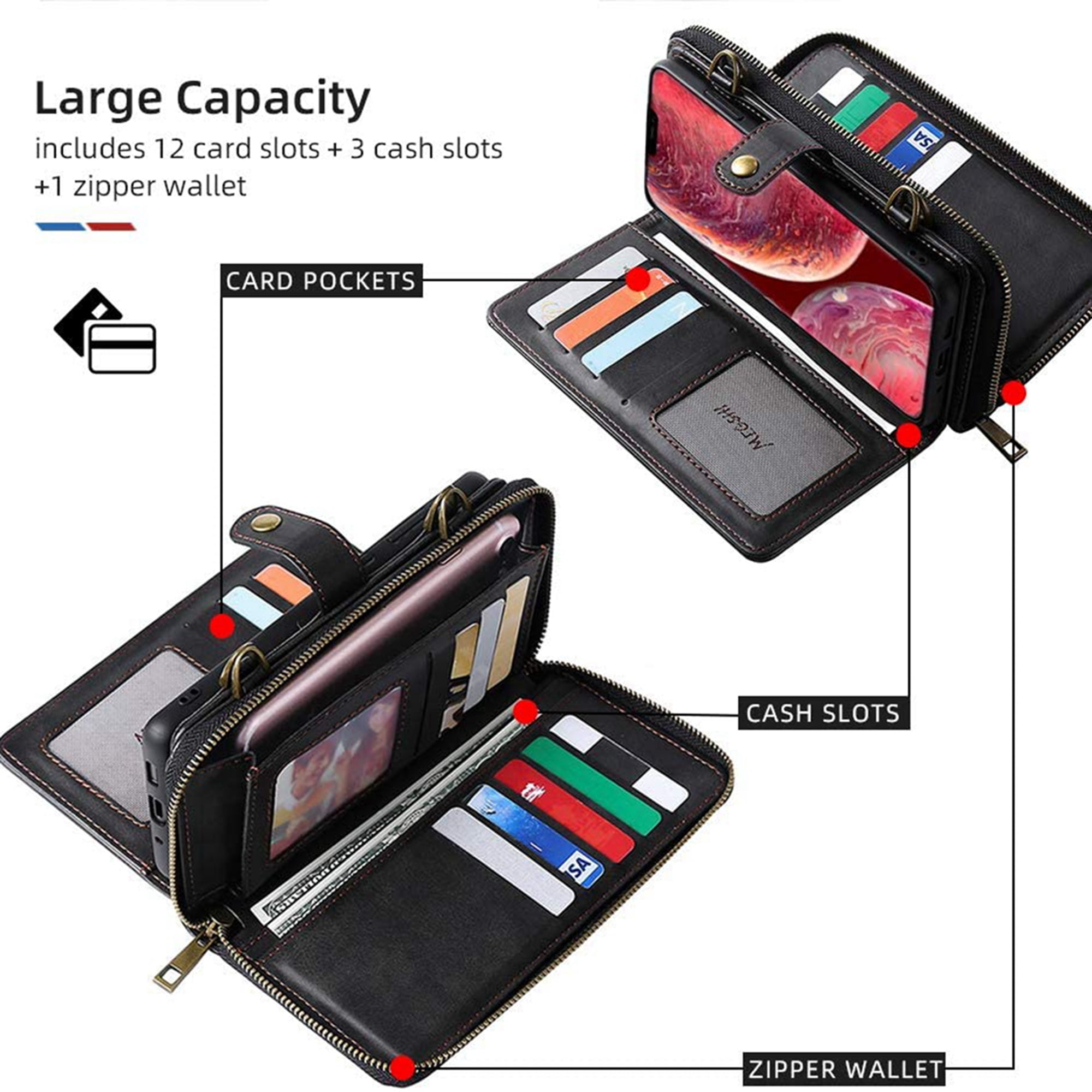 Dteck Wallet Case for iPhone 12 Pro / iPhone 12 6.1-inch, 2 in 1 Magnetic Detachable Wallet Purse [Crossbody Chain] Durable PU Leather Zipper Handbag Folio Flip Card Slot Protection Back Cover, Black