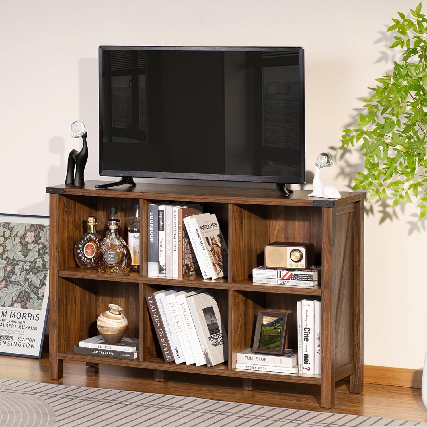 Joaxswe Organizer with Shelf, 6 Cube Storage Organizer Farmhouse Wood Cube Bookcase for Living Room Dark Rustic Brown