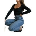 thumbnail image 4 of Liacowi Women Slim Fit Crop Tops Casual Solid Color Square Neck Long Sleeve Tight Tee Shirt Basic Streetwear, 4 of 9