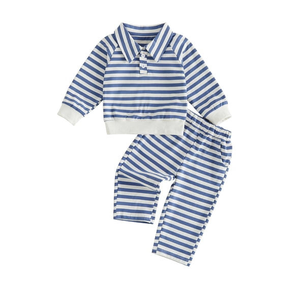 LuminaSustain Baby Toddler Boy Fall Outfit 6 12 18 24 Months 2T 3T 4T Stripe Print Lapel Long Sleeve Sweatshirt and Pants Clothes Set