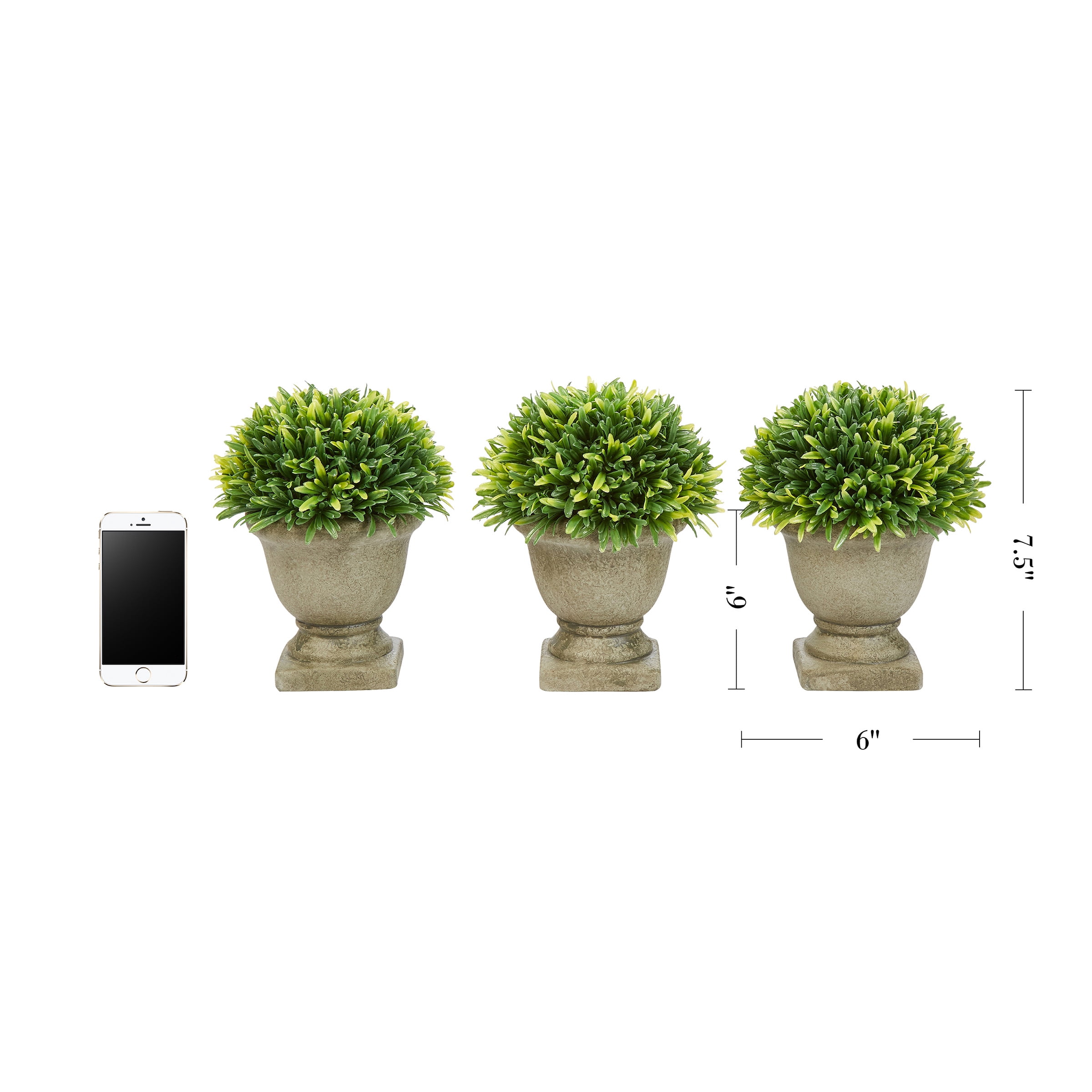 Pure Garden 7.5" Artificial Podocarpus Grass Plant in Concrete Pot - Decorative Faux Indoor Ornamental Potted Topiary Round Set of 3