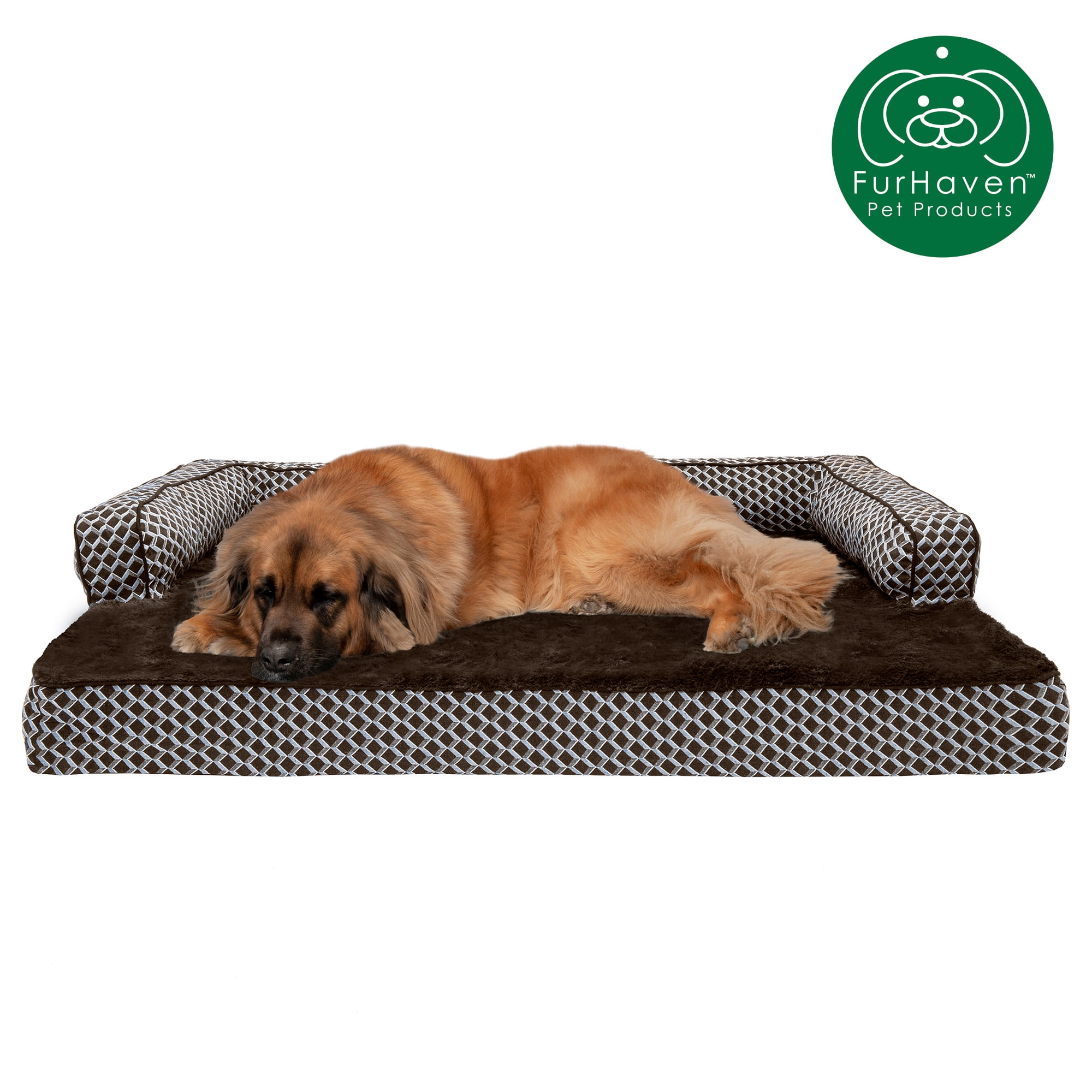 FurHaven Pet Products Plush & Decor Comfy Couch Cooling Gel Top Short Sided Sofa Pet Bed for Dogs & Cats - Diamond Brown, Jumbo Plus