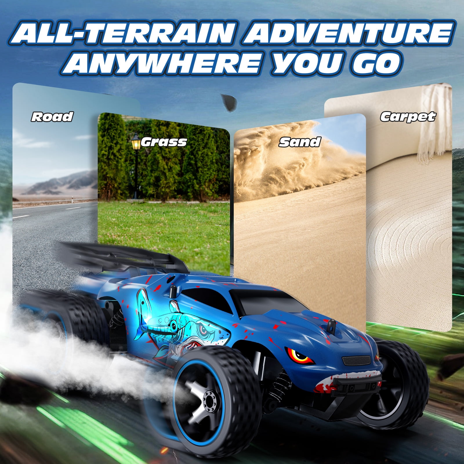 Tecnock RC Cars for Kids, 1:18 Scale 2WD Off-road Remote Control Car with USB-C Easy Charging, 2.4GHz RC Trucks with LED Lights & 50 Mins Playtime