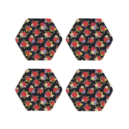 

Fuzoiu Red Rose Flower Print Leather Coasters Set Drink Coasters Set of 4 for Tabletop Protection Durable PVC Coasters Home Décor and Housewarming Gift-Hexagon
