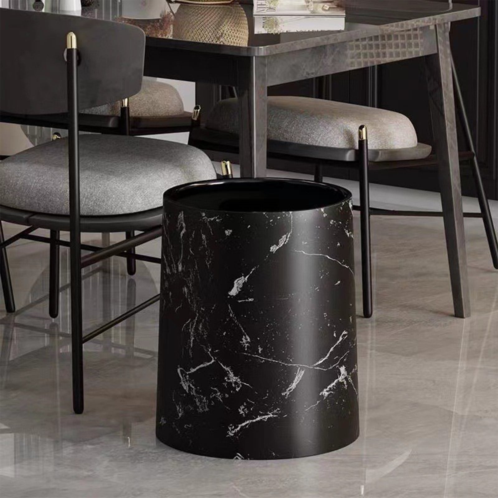 PHIGZNT Round Metal Small 3.9 Gallon Recycle Trash Can Wastebasket, Garbage Container Bin for Bathrooms, Kitchen, Bedroom, Home Office - Durable Stainless Steel - Mirri Collection - White Marble