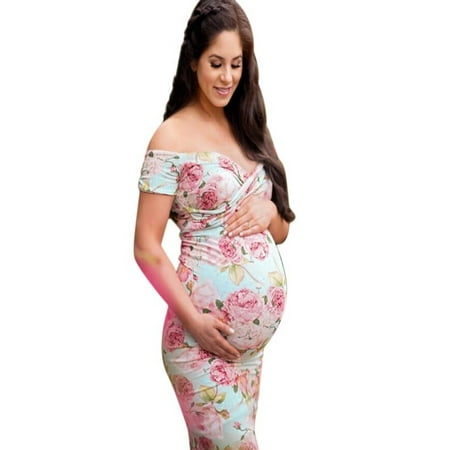 Mosunx Women Pregnant Off Shoulder Photography Props Nursing Boho Chic Print Long