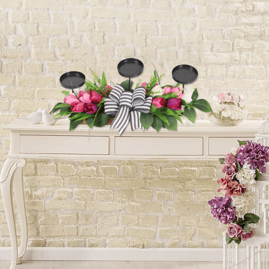 Spring Summer Table Centerpiece - Artificial Tulip Flowers with Eucalyptus Leaves & Bows, Candle Holder for Dining Room, Outdoor Home Decor (Floral Farmhouse Decor)