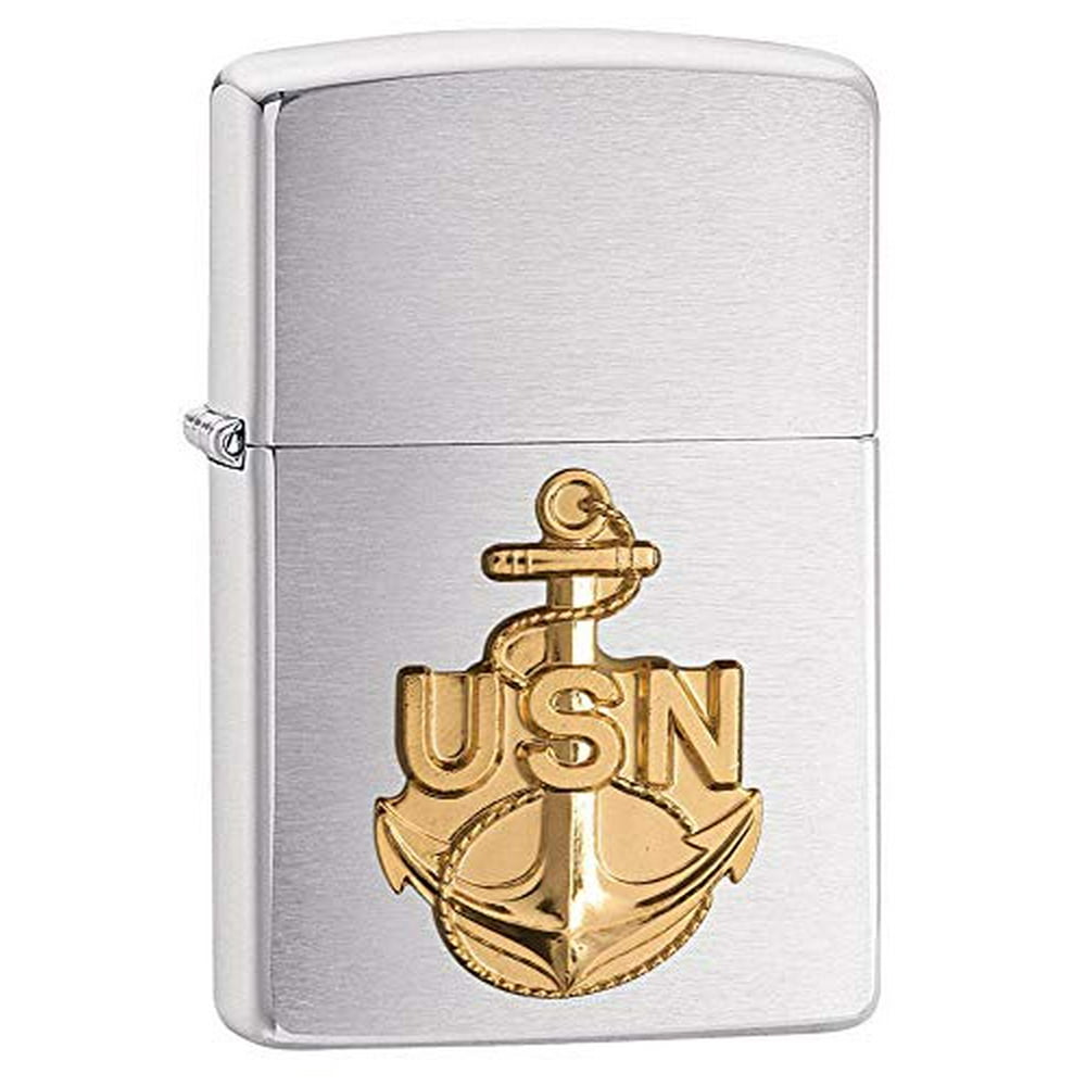 Zippo United States Navy Emblem Pocket Lighter, Brushed Chrome