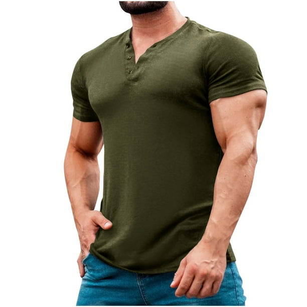 Blusa de Manga Corta de los Hombres de Color Sólido Cuello Redondo Casual Top, Ligera Camisa de Ocio Botón de Poliéster para Primavera Verano Diario Y Al Aire Libre