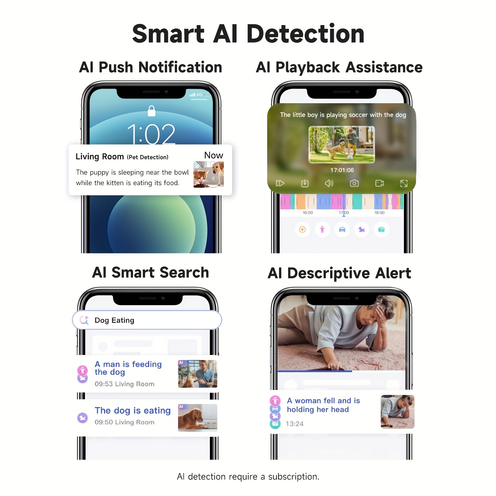 Set of 4 Indoor Cameras Featuring Motion Detection, Dual-Band Wifi, Baby Monitoring Capabilities, Night Vision, Two-Way Audio, And Siren. It Supports Cloud Storage And Up to 256GB SD Cards