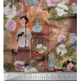 thumbnail image 1 of Soimoi Moss Georgette Fabric Flower Vase,Cat & Girl Human Figure Decor Fabric Printed Yard 42 Inch Wide, 1 of 1