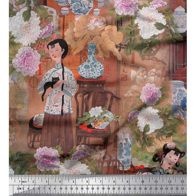 Soimoi Moss Georgette Fabric Flower Vase,Cat & Girl Human Figure Decor Fabric Printed Yard 42 Inch Wide