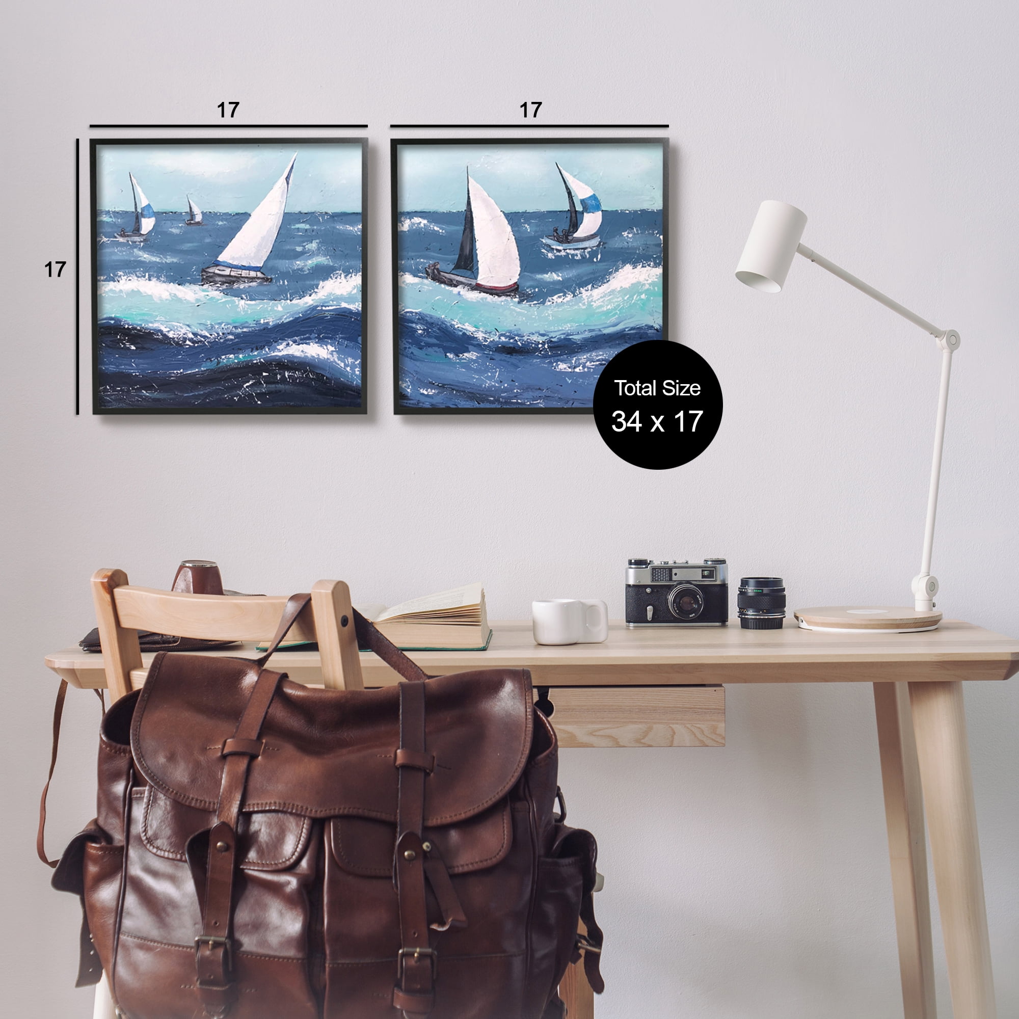 Stupell Sailboats Rough Ocean Waves Splash Landscape Painting Black Framed Art Print Wall Art, Set of 2