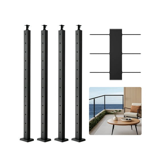 VEVOR 4-Pack Cable Railing Post, 42x2x2 In Horizontal-Hole Deck Railing Post with Pre-Drilled Holes, Stainless Steel Cable Rail Post with Horizontal and Curved Bracket, Black, 4JZLGZXHS106URZU0001V0