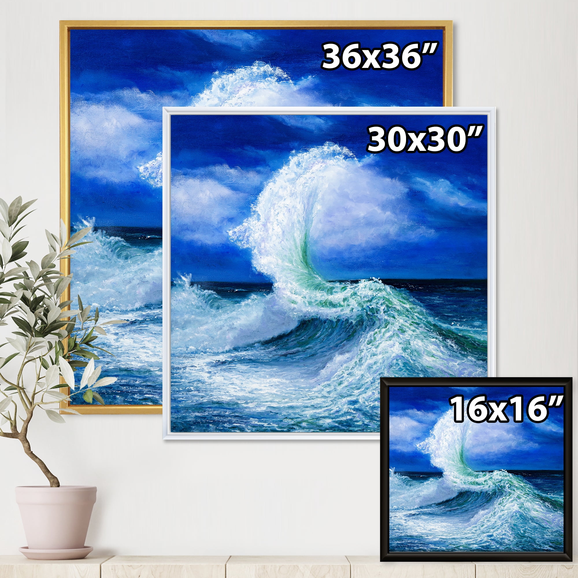 Designart 'Waves Breaking During Wild Blue Ocean Tide' Nautical & Coastal Framed Canvas Wall Art Print