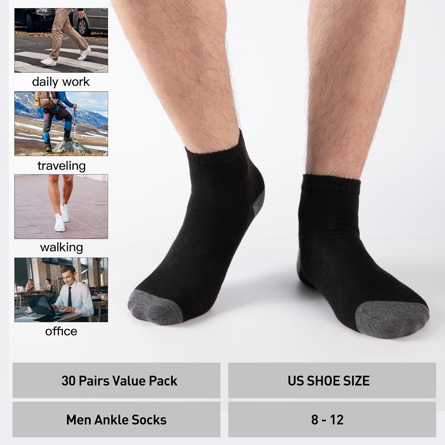 30 Pairs Ankle Socks For Men/Women - Breathable Mens Socks Size 10-13 Mini Crew Quarter Sock Value Pack in Bulk