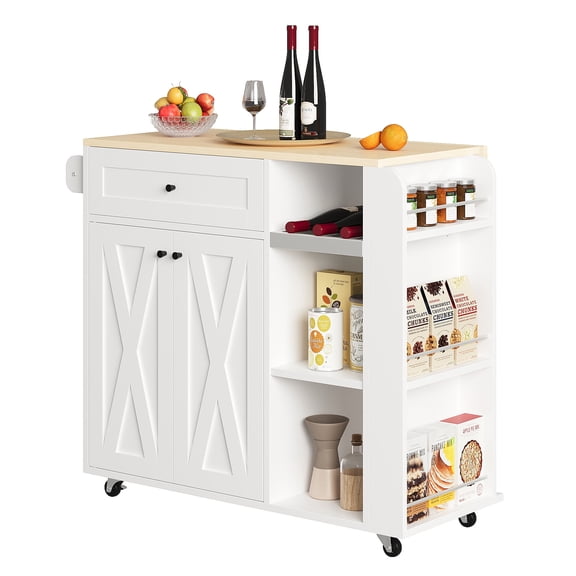IRONCK Rolling Kitchen Islands Cart on Wheels with wine rack, folding tabletop, 1 drawer, 2 cabinets, 3 open shelves, and towel rack，White