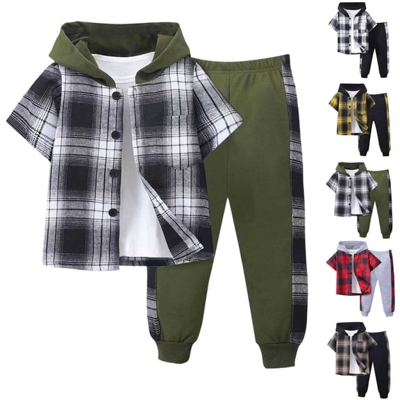 Loopsun Toddler Boys Fall Casual Outfit Plaid Short Sleeve Hooded Top and Pants Outwear Sets 2-3 Years