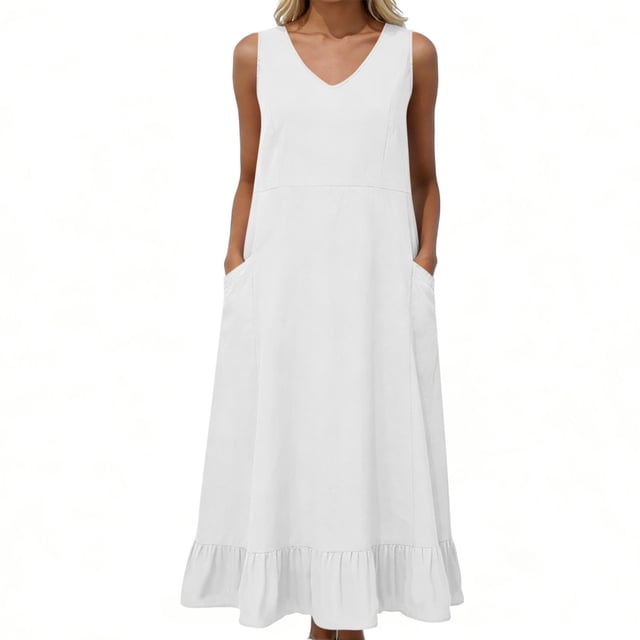 TaTaai Women's V-Neck Maxi Dress Sleeveless Linen Feel Solid Color Casual Pocket Detail Slip Dress Loose Fit Summer Dress Gift
