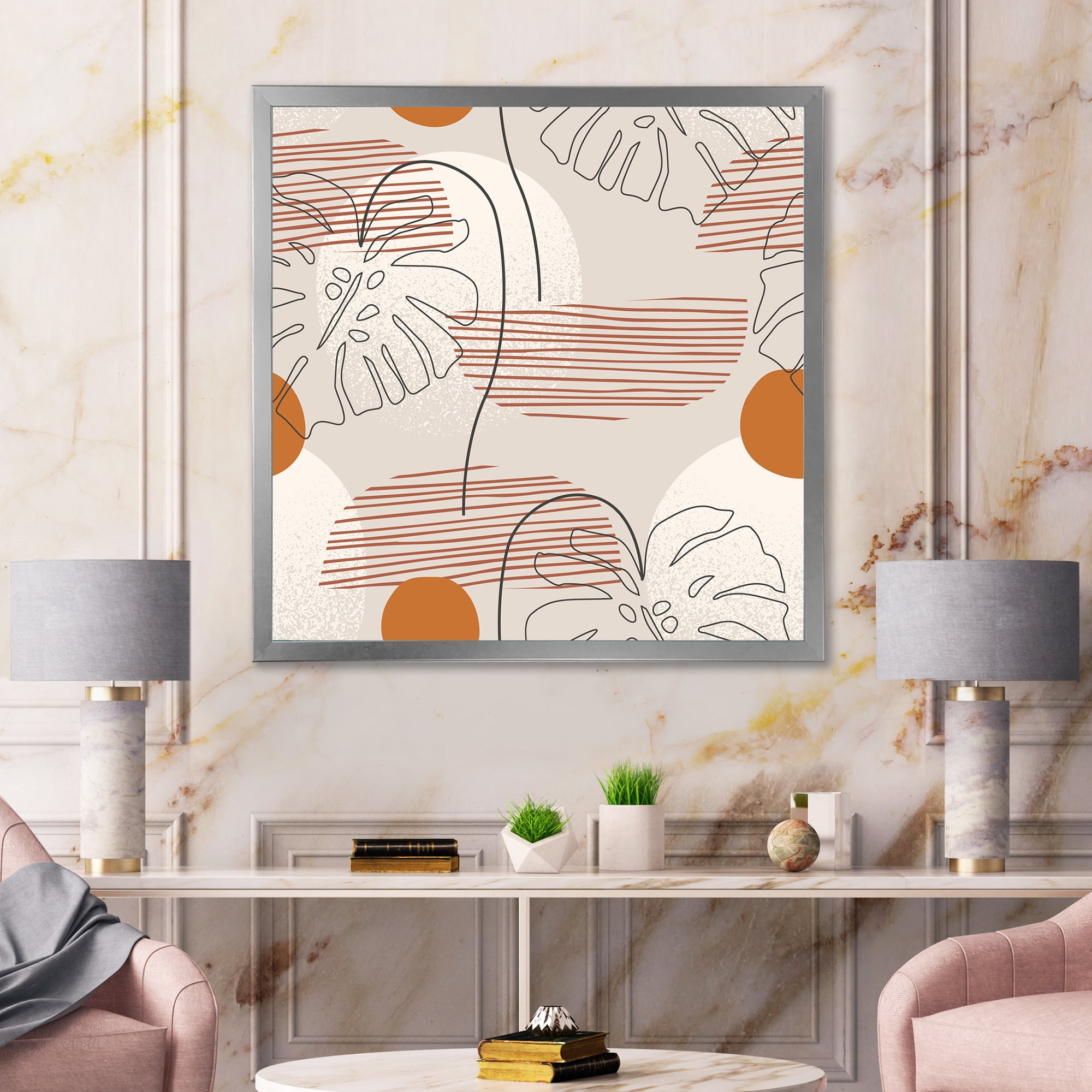 Designart 'Abstract Monstera Leaf and One Line Art Shapes' Modern Framed Art Print