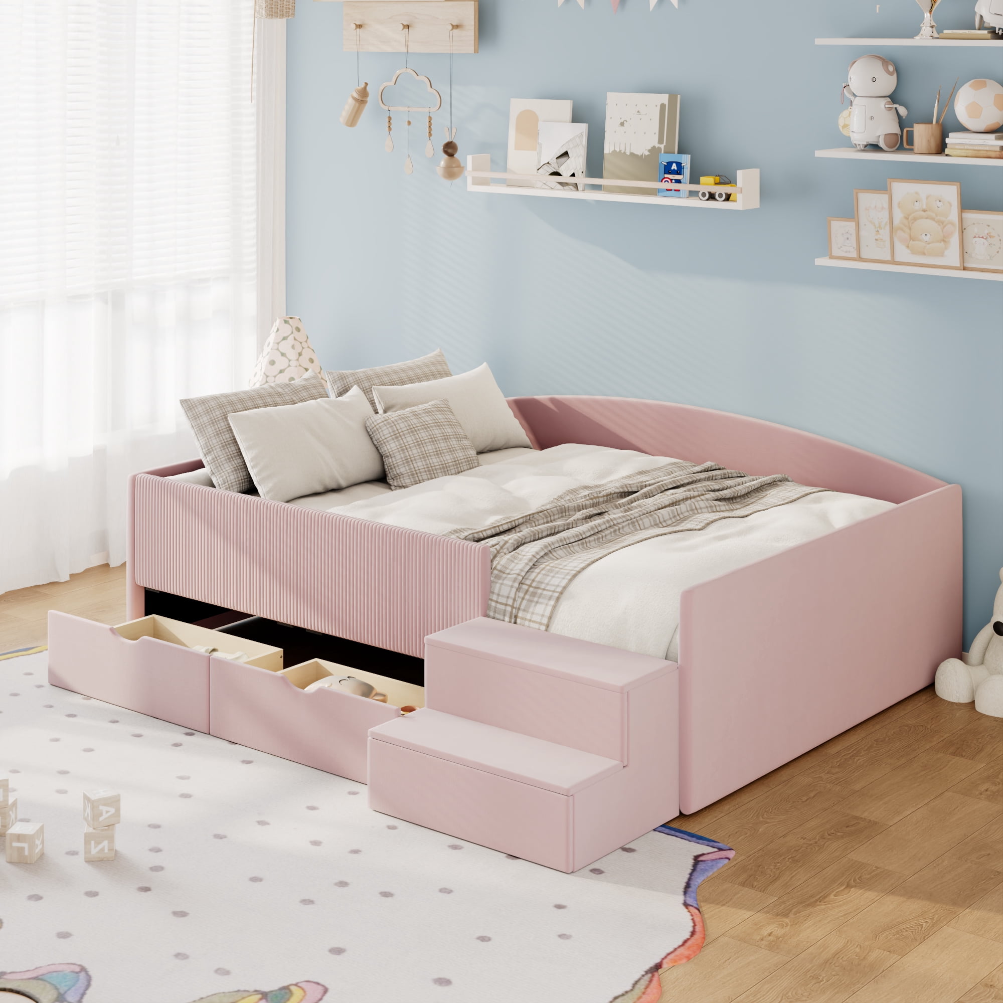 Mintazer Full Size Cute Upholstered Floor Daybed Frame with Safety Guardrail & 2 Storage Drawers & Stairs for Teens Kids, Pink