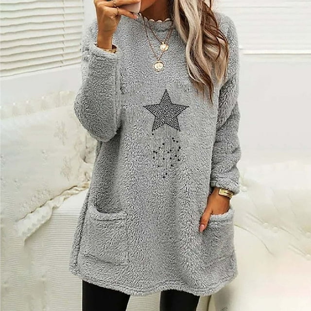 RKSTN Blouses pour Femmes, Col Rond, Manches Longues, Poche Imprimée, Épais et Chaud pour l'Hiver, Décontracté Chic
