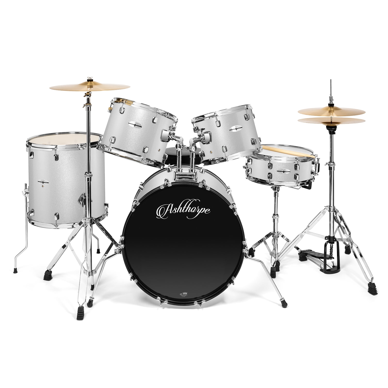 Ashthorpe 5-Piece Full-Size Adult Drum Set with Remo Drumheads & Premium Brass Cymbals - Silver