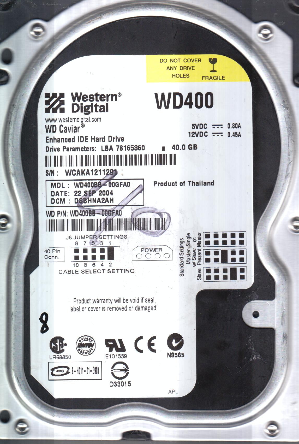 WD400BB-00GFA0, DCM DSBHNA2AH, Western Digital 40GB IDE 3.5 Hard Drive ...