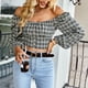 thumbnail image 1 of Blusas cortas a cuadros para mujer, blusa corta a cuadros con mangas largas abullonadas, camisa a cuadros para mujer, precio inmejorable, 1 of 6