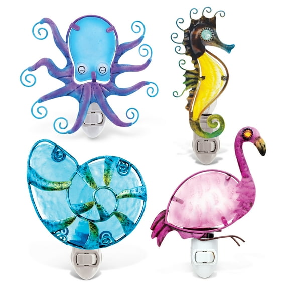 CoTa Global Ocean Life Night Lights - Seahorse, Seashell, Flamingo, and Octopus Home Décor Wall Plug In Night Lights With Switch, Decorative Hand Made Metal Glass Nightlights for Home - 4 Pack