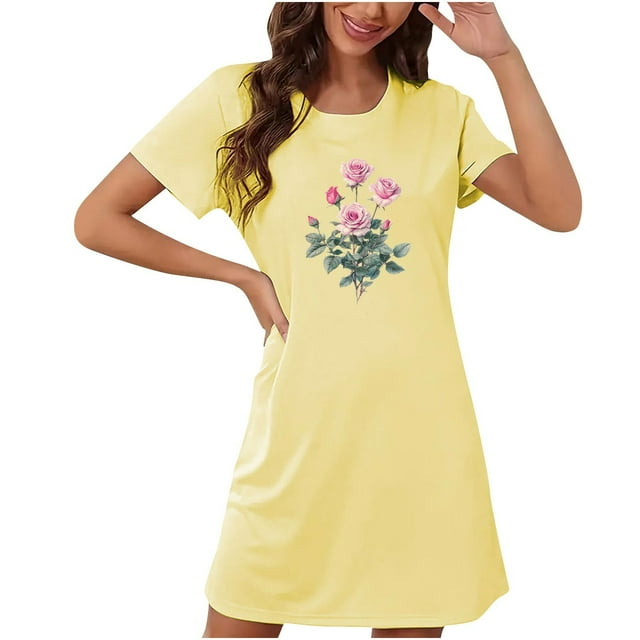 Xysaqa Chemises de Nuit & Chemises de Nuit pour Femmes, Chemises de Nuit pour Femmes Manches Courtes Douces Robe de Nuit Imprimée Florale Vêtements de Nuit Chemise de Nuit Liquidation Jaune m