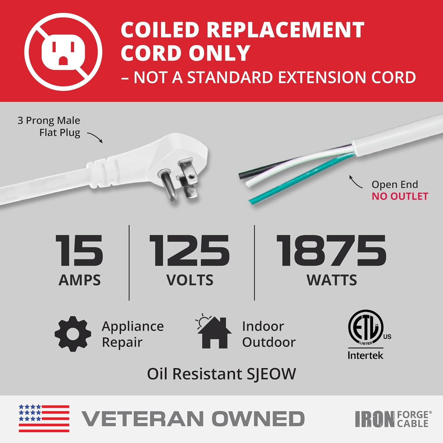 JJEAN-Iron Forge Cable 15 Amp White Replacement Coiled Extension Cord 8 ft - SJEOW Oil Resistant & Flat Plug 3 Prong, 14 Gauge Coiled Cord for Outdoor & Indoor