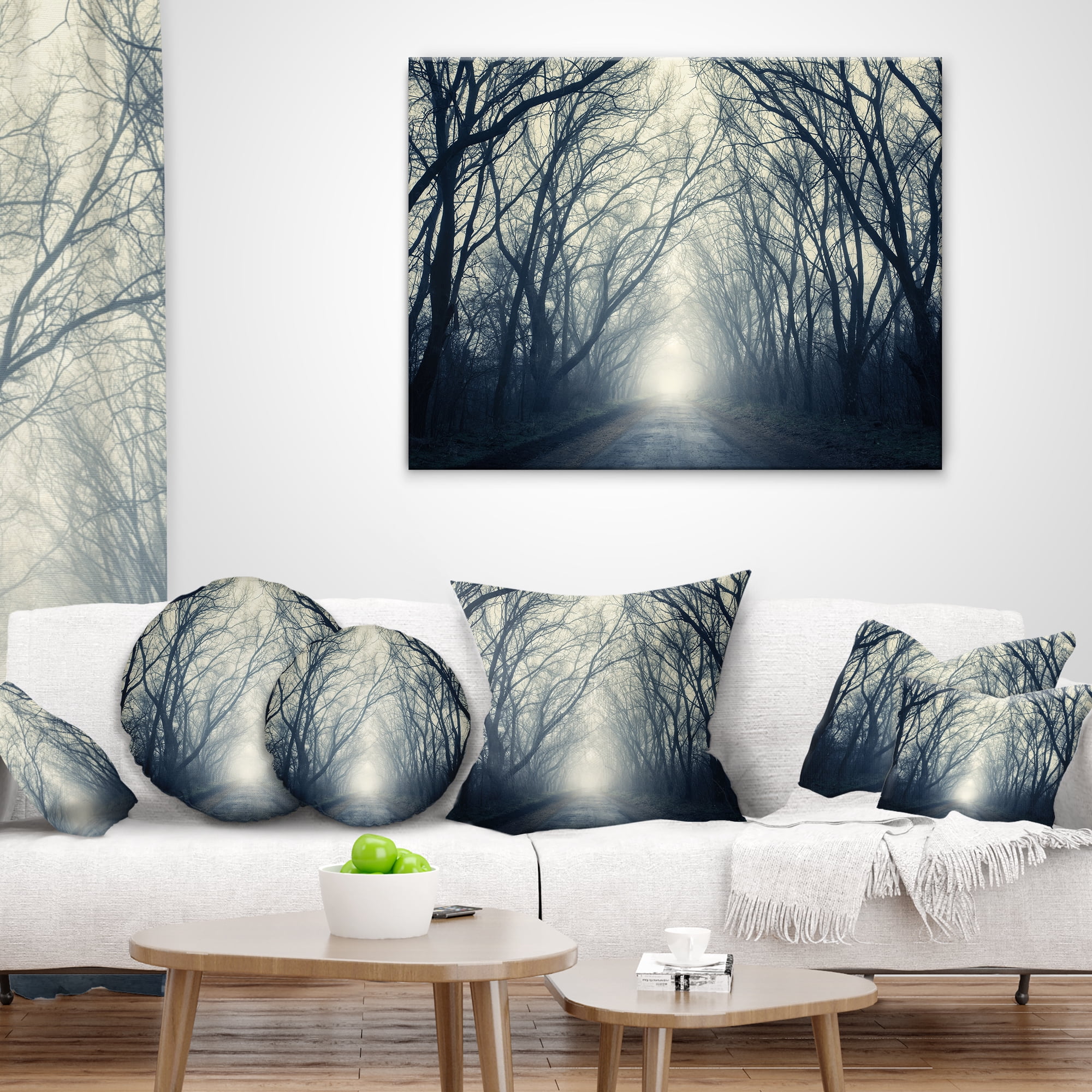 Designart Dark Autumn Forest in Fog - Photography Throw Pillow - 18x18