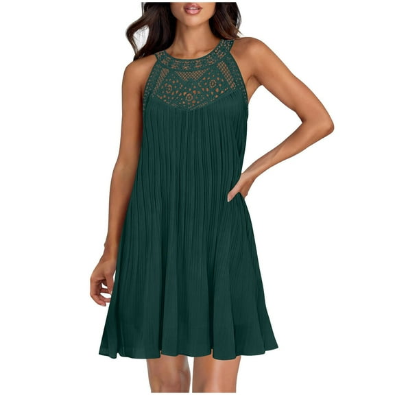 Arnsht Women's Flowy Hollow Out Halter Sundress Elegant A-Line Mini Dress with Lace Trim & Ruffle Hem for Beach Vacations Casual Beige M