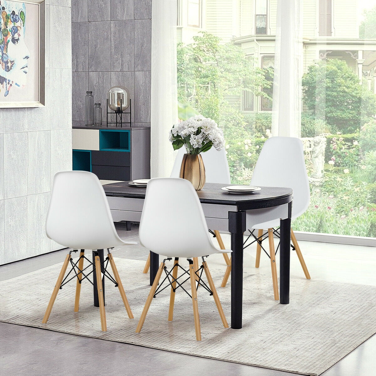 Gymax Set of 4 Modern Dining Side Chair Armless Home Office w/ Wood Legs White