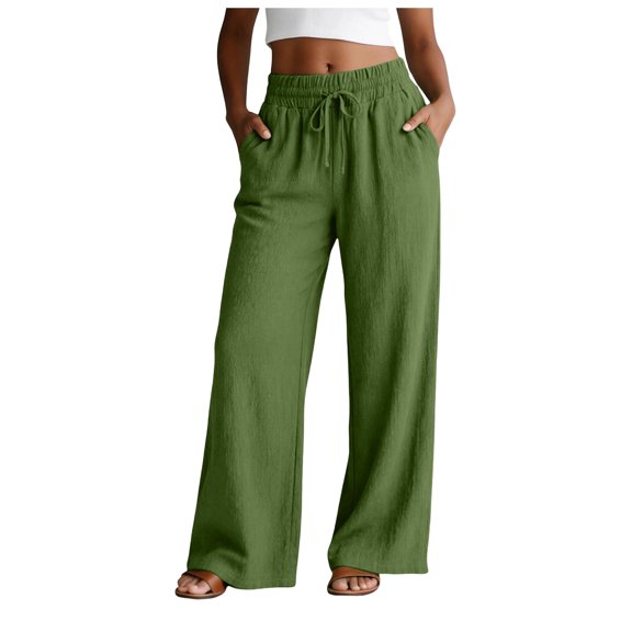 RFQWOVSR Women's High Waist Drawstring Wide Leg Linen Pants with Pockets Loose Fit Casual Summer Trousers M