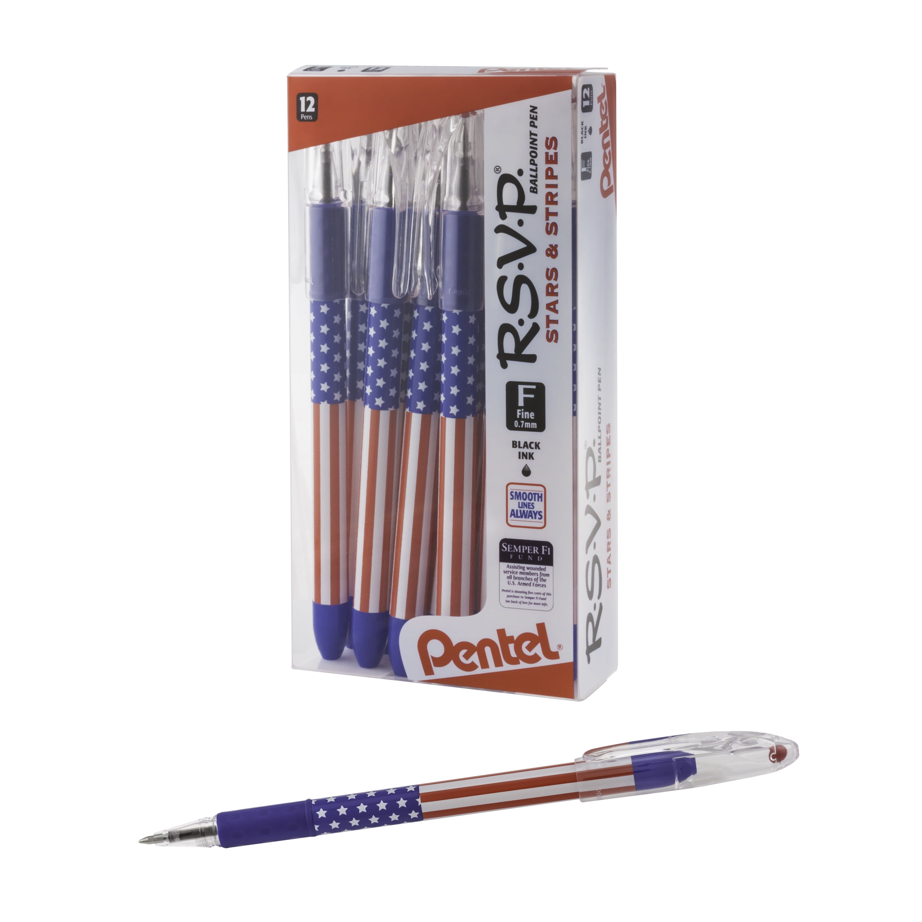 Pentel RSVP Ballpoint Pen, (0.7mm) Fine Line, Flag Barrel, Black Ink