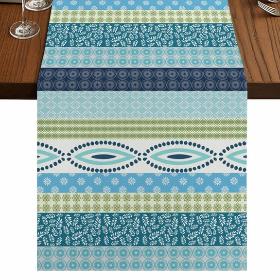 Table Runners 36 Inches Long Dress Scarves, Blue Green Geometric Farmhouse Kitchen/Dining Table Runner, Short Coffee Tablerunners, Boho Vintage Country Flowers Leaves 13x36 Inch