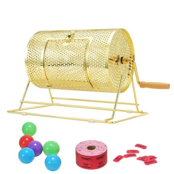 KFFKFF 11.6 x Ø7.48 inch Brass Plated Raffle Drum Lottery Spinning Drawing with Wooden Turning Handle Holds 2500 Tickets or 100 Ping Pong Balls for Bingo Ballot Part