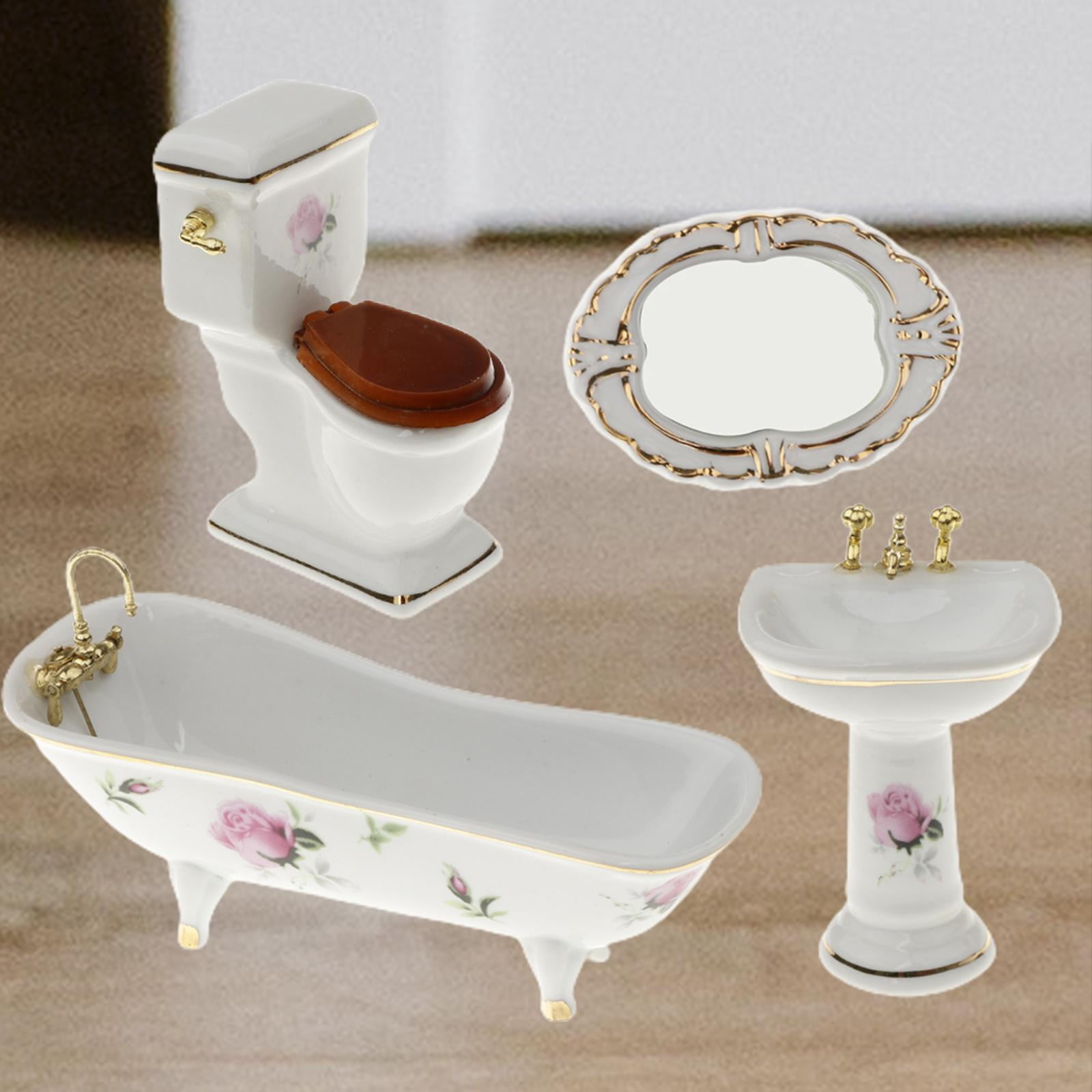 Runquan 1 12 Dollhouse Miniature Bathroom Furniture S Flower Bathtub And Toilet Set Other As Described