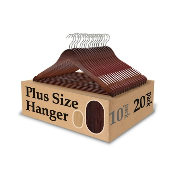 King Mills 19 Inch Plus Size Hangers, Extra Wide Hangers for Plus Size Clothes, Ganchos para Colgar Ropa, Ideal for XL, XXL Shirts, Coats, Dresses, Etc. Wood. Walnut 20pk
