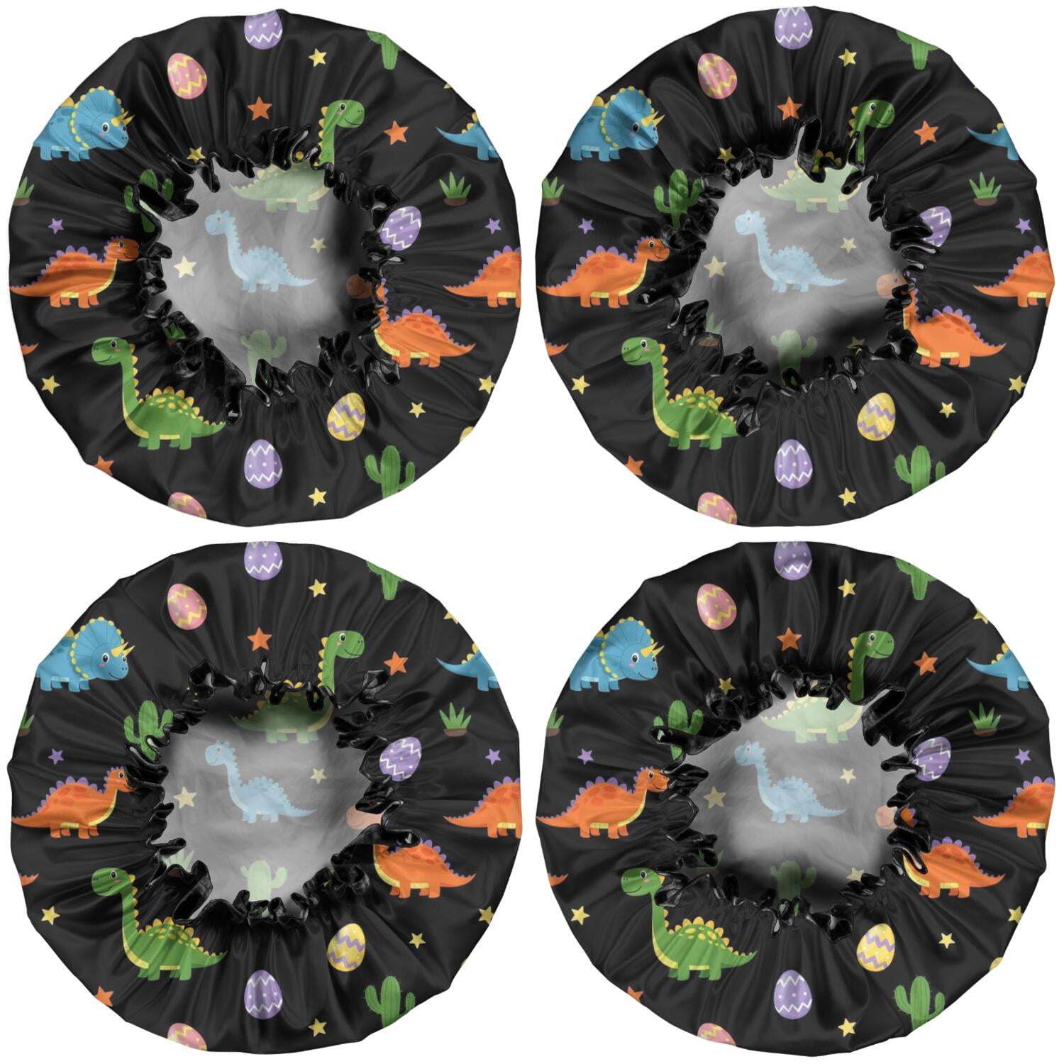 Shower Caps,Black Dinosaurs Eggs Cacti Pattern Waterproof Shower Cap for Women 4 Pieces,Double Reusable Hair Cover for Shower PEVA Elastic Stretch Hem