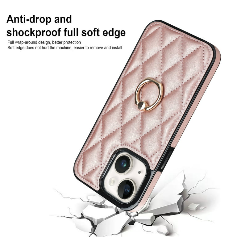for iPhone 14 Designer Case,Luxury Elegant Phone Case with Kickstand Ring  Stand for Women Girls Soft TPU Metal Edges Shockproof Protective Cover Black