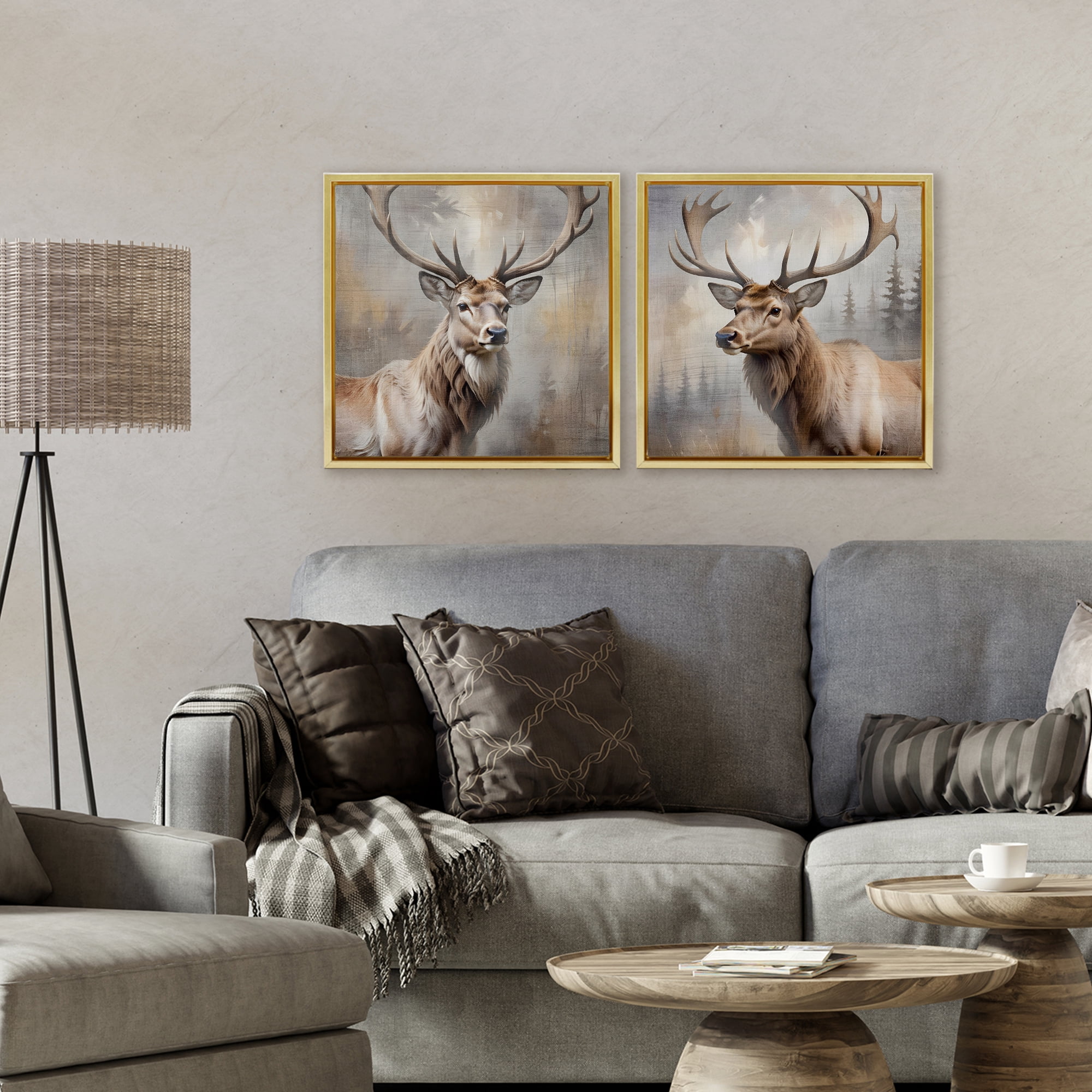 Stupell Industries Glancing Forest Stags 2 Piece Gold Framed Floater Canvas Set, design by Susan Arnot