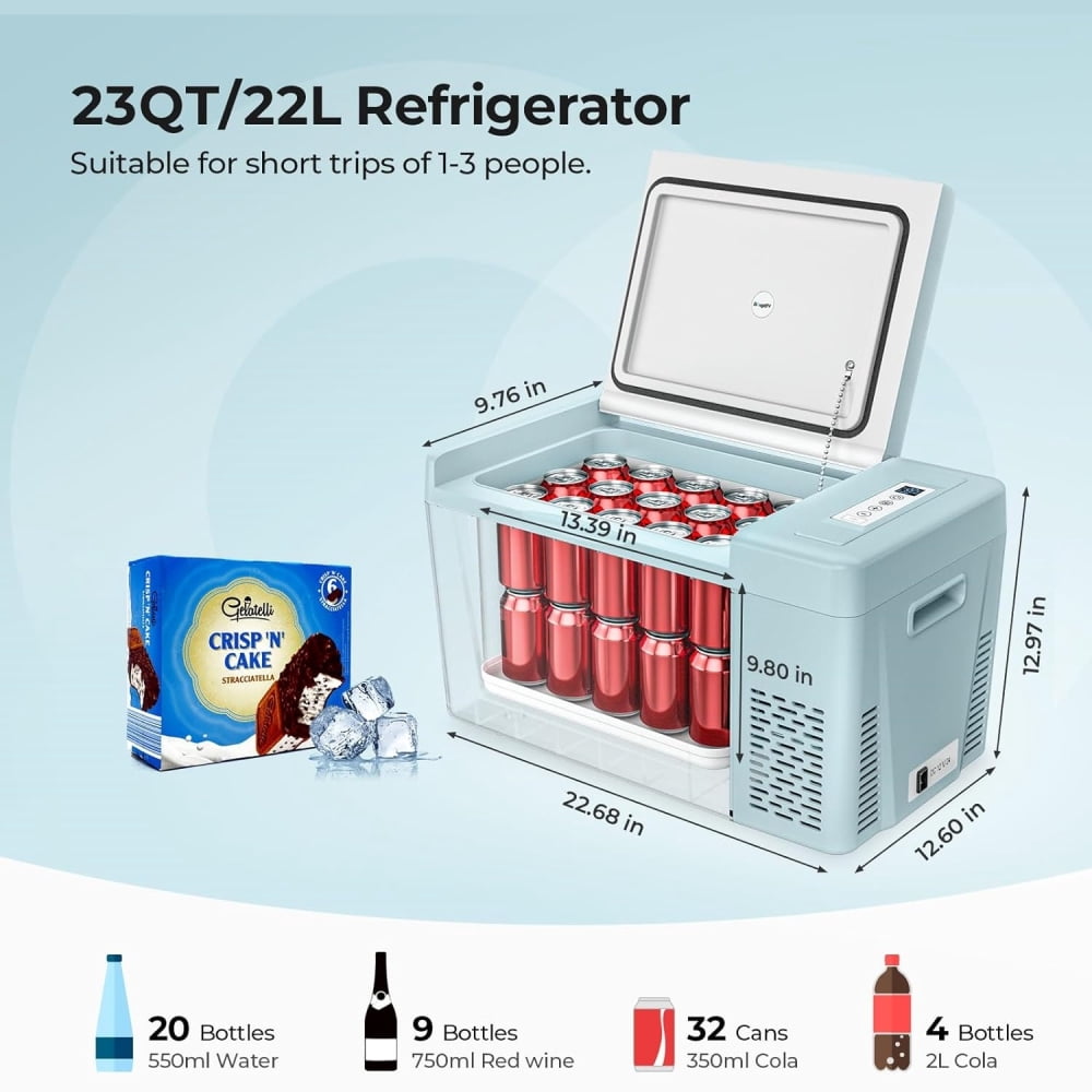 BougeRV Green 23Qt Car Refrigerator 12 Volt Fridge Portable Freezer Compressor Cooler 12/24V DC 110~240V AC, -7℉~50℉ for RV Truck Vehicle Boat Outdoor & Home Use