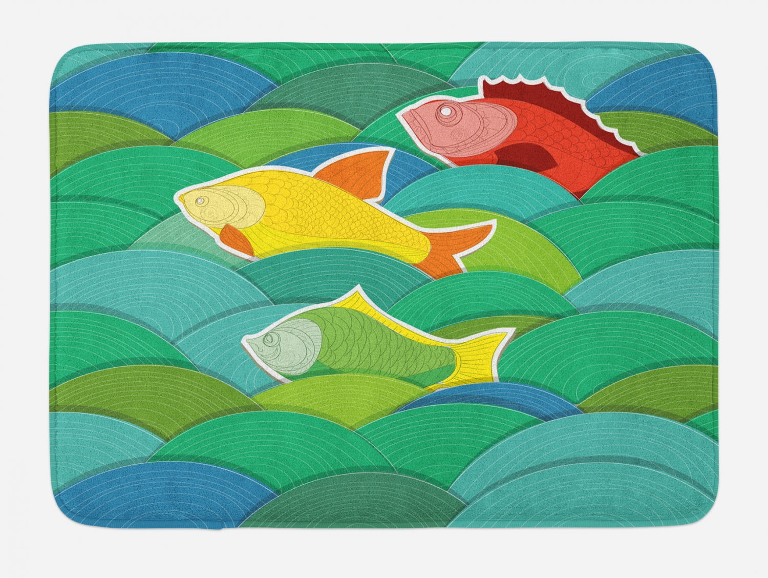 Nautical Bath Mat, Fishes Swimming in the Sea Waves Funky Stylized