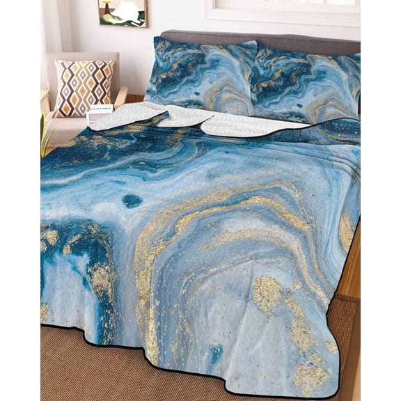Blue Gold Marble Twin Size Down Alternative Comforter, Lightweight Comforter Quilt Bedding Set with Pillow Shams Modern Abstract Geometric Gradient All Seasons Bed Comforter Duvet Insert 68"x86"
