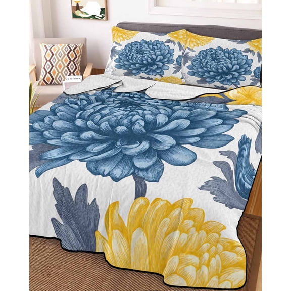 Blue Yellow Floral Spring King Size Down Alternative Comforter, Lightweight Comforter Quilt Bedding Set with Pillow Shams Elegant Botanical Summer All Seasons Bed Comforter Duvet Insert 96"x106"