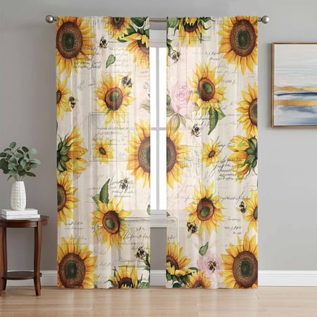 Summer Sunflowers Semi Sheer Curtains 63 Inch Length 2 Panels Set Pastoral Rose Floral Farmhouse Vintage Sheer Kitchen Curtain Privacy Voile Window Curtain for Living Room Bedroom Rod Pocket Drapes