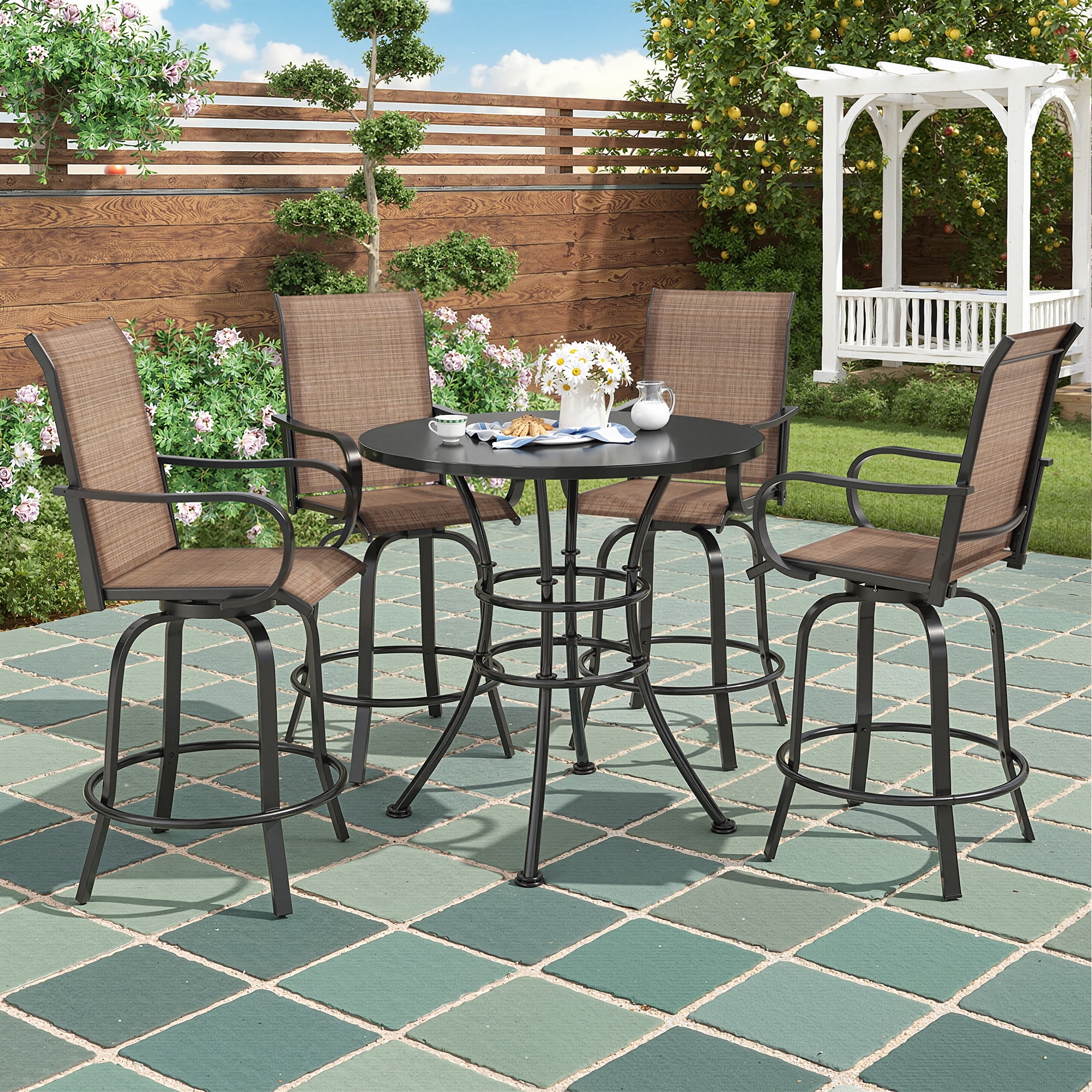 MAYEERTY 2-Piece Outdoor Bar Height Tall Stools Set,Textilene,360°Swivel, Ergonomic for Balcony, Brown